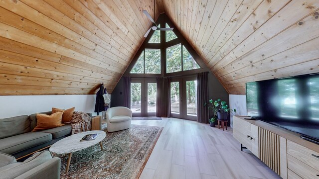2235 Rock Springs Rd, Columbia, TN 38401 - living area with french doors, light wood finished floors, wooden ceiling, and vaulted ceiling