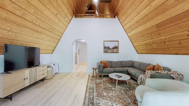 2235 Rock Springs Rd, Columbia, TN 38401 - living room with lofted ceiling, wooden ceiling, arched walkways, a ceiling fan, and wood finished floors