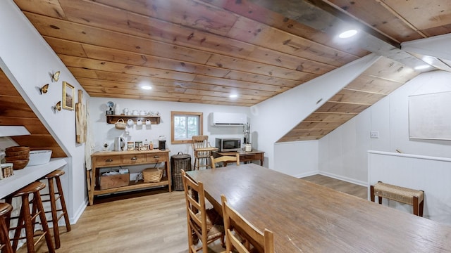 2235 Rock Springs Rd, Columbia, TN 38401 - dining area featuring vaulted ceiling, wood ceiling, a wall unit AC, wood finished floors, and recessed lighting