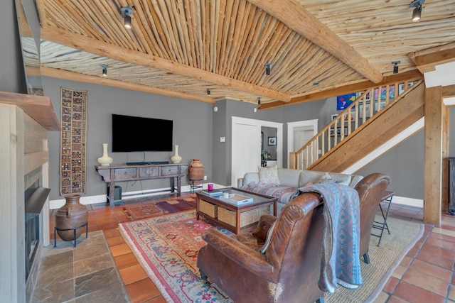 3814 Central Ave, Nashville, TN 37205 - living area featuring baseboards, stairs, wooden ceiling, and beam ceiling