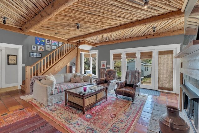 3814 Central Ave, Nashville, TN 37205 - living area featuring wood ceiling, beam ceiling, stairway, and a fireplace