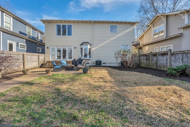3814 Central Ave, Nashville, TN 37205 - rear view of house featuring central AC unit, an outdoor fire pit, a fenced backyard, french doors, and a patio area