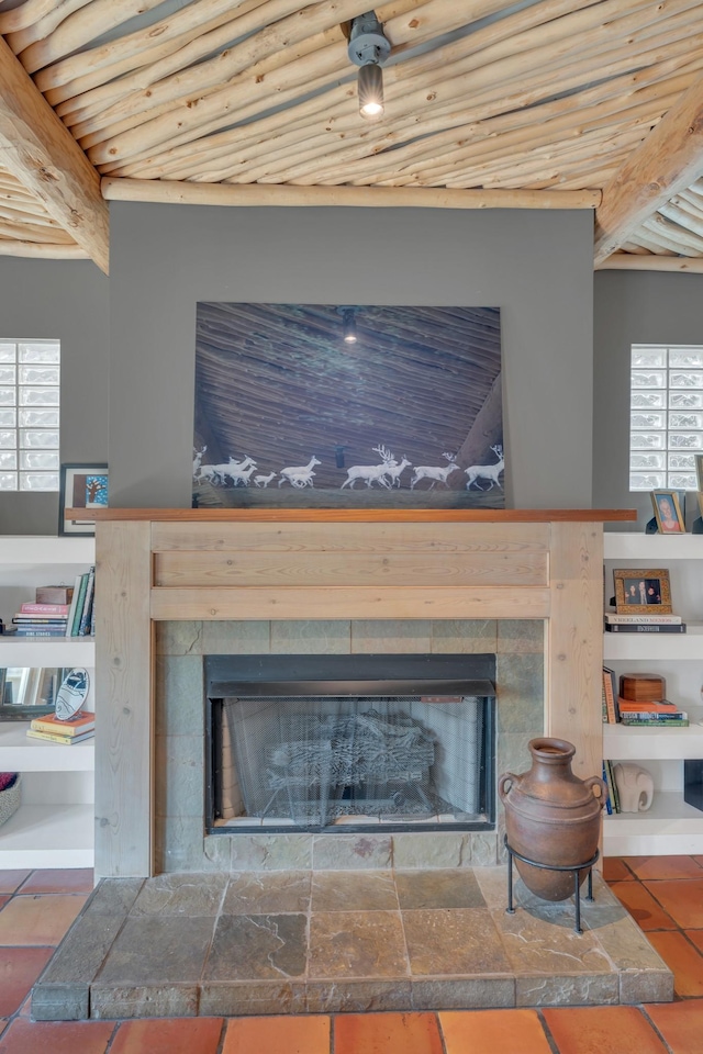 3814 Central Ave, Nashville, TN 37205 - room details with a tiled fireplace, wood ceiling, and beam ceiling