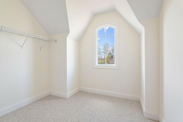 walk in closet featuring vaulted ceiling and light colored carpet