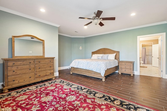 bedroom featuring baseboards, wood tiled floor, recessed lighting, and crown molding