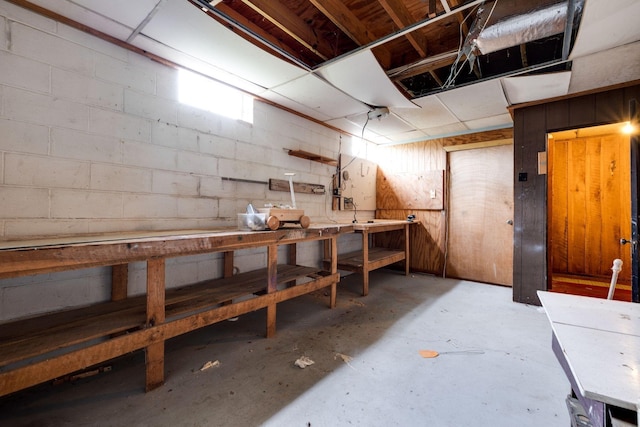 below grade area with concrete block wall and a workshop area
