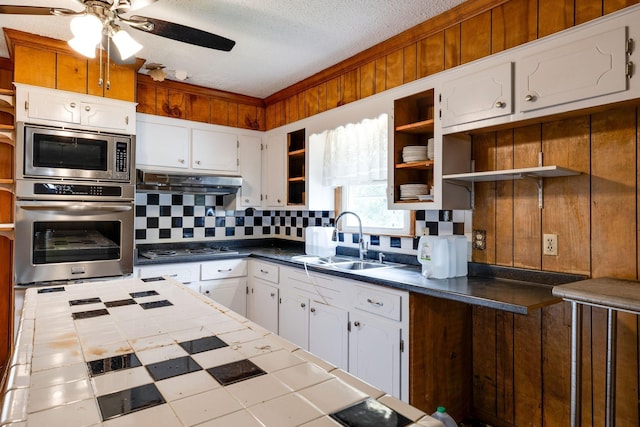 kitchen featuring under cabinet range hood, a sink, open shelves, and appliances with stainless steel finishes