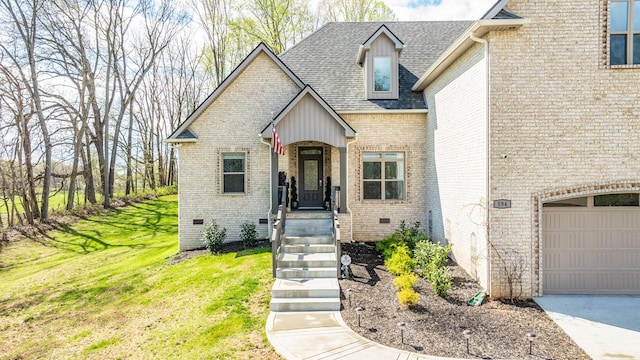 view of front of home featuring brick siding, crawl space, roof with shingles, and a front lawn