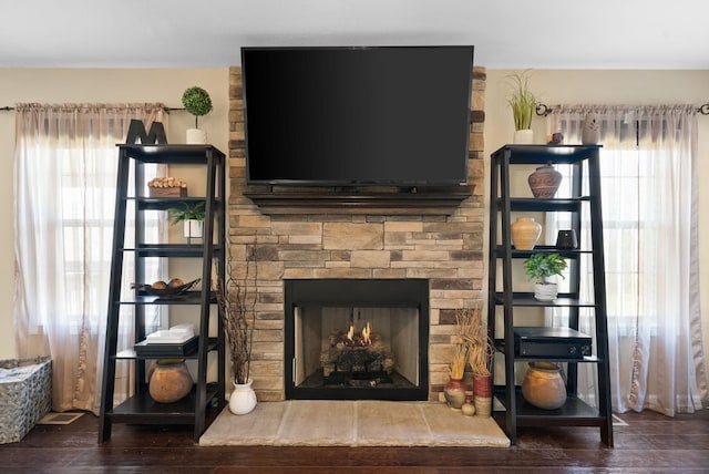 room details featuring a fireplace and wood finished floors