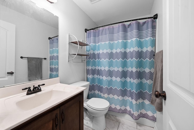 full bath featuring vanity, toilet, marble finish floor, visible vents, and curtained shower