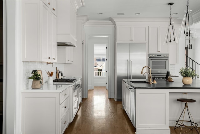 kitchen with a sink, double oven, custom range hood, decorative backsplash, and dark wood-style flooring