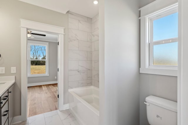 6477 Simmons Acres Ln, Lascassas, TN 37085 - full bathroom with marble look tile flooring, vanity, plenty of natural light, and ceiling fan