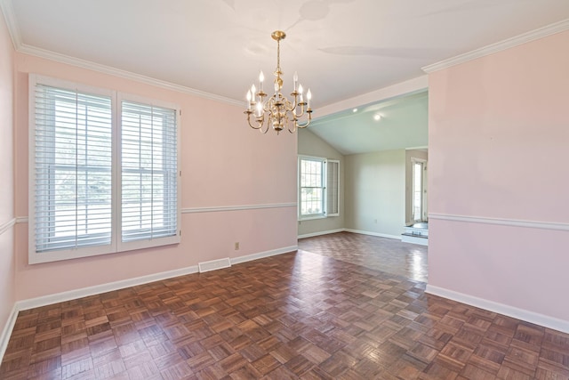 518 Wilson Pike, Brentwood, TN 37027 - empty room featuring baseboards, vaulted ceiling, visible vents, and a notable chandelier