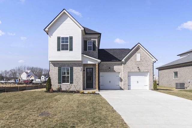 166 Oasis Dr, La Vergne, TN 37086 - traditional-style house with concrete driveway, central air condition unit, an attached garage, brick siding, and a front lawn