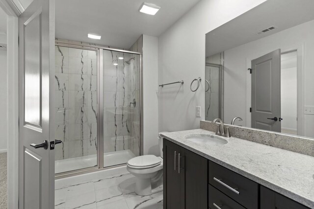 166 Oasis Dr, La Vergne, TN 37086 - full bath featuring vanity, a marble finish shower, toilet, marble finish floor, and visible vents