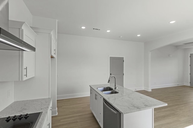 166 Oasis Dr, La Vergne, TN 37086 - kitchen with a sink, white cabinetry, dishwasher, black electric stovetop, and wall chimney range hood