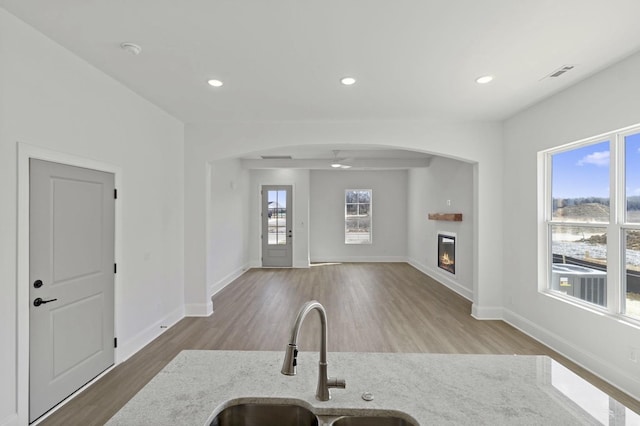 166 Oasis Dr, La Vergne, TN 37086 - kitchen featuring arched walkways, visible vents, a wealth of natural light, and a sink