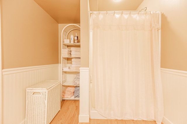 bathroom with built in shelves, wood finished floors, and wainscoting