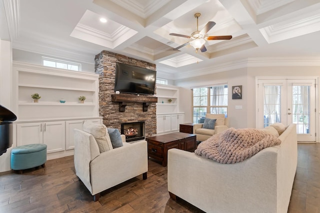 118 Newnham Bridge Dr, Nolensville, TN 37135 - living room with ceiling fan, coffered ceiling, ornamental molding, and a fireplace