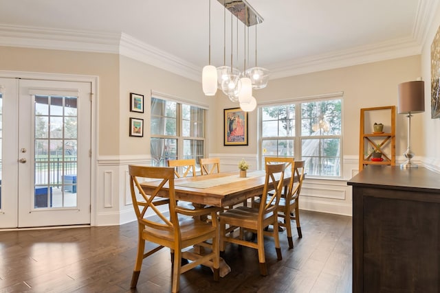 118 Newnham Bridge Dr, Nolensville, TN 37135 - dining room with dark wood-style flooring, crown molding, a notable chandelier, and wainscoting