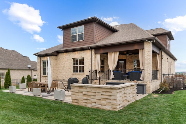 118 Newnham Bridge Dr, Nolensville, TN 37135 - rear view of property with fence, a patio area, ceiling fan, a lawn, and brick siding