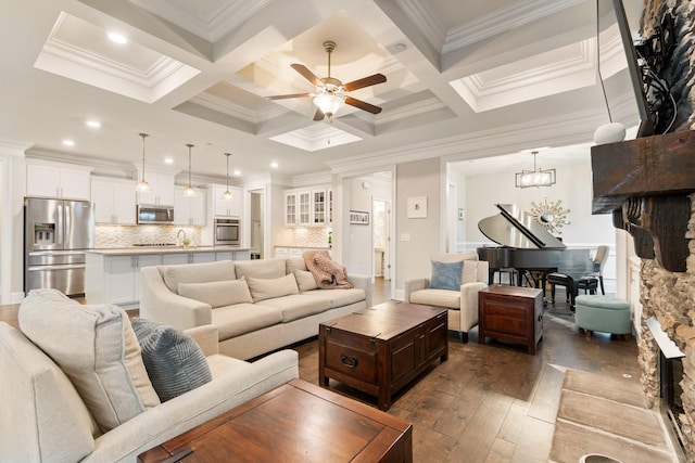 118 Newnham Bridge Dr, Nolensville, TN 37135 - living area with ceiling fan with notable chandelier, ornamental molding, beamed ceiling, and dark wood finished floors