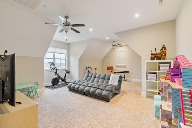 118 Newnham Bridge Dr, Nolensville, TN 37135 - playroom featuring lofted ceiling, carpet flooring, and a ceiling fan