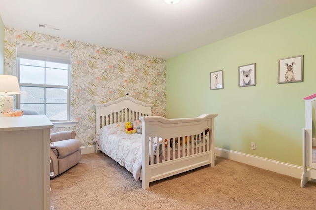 118 Newnham Bridge Dr, Nolensville, TN 37135 - bedroom with wallpapered walls, carpet floors, visible vents, and baseboards