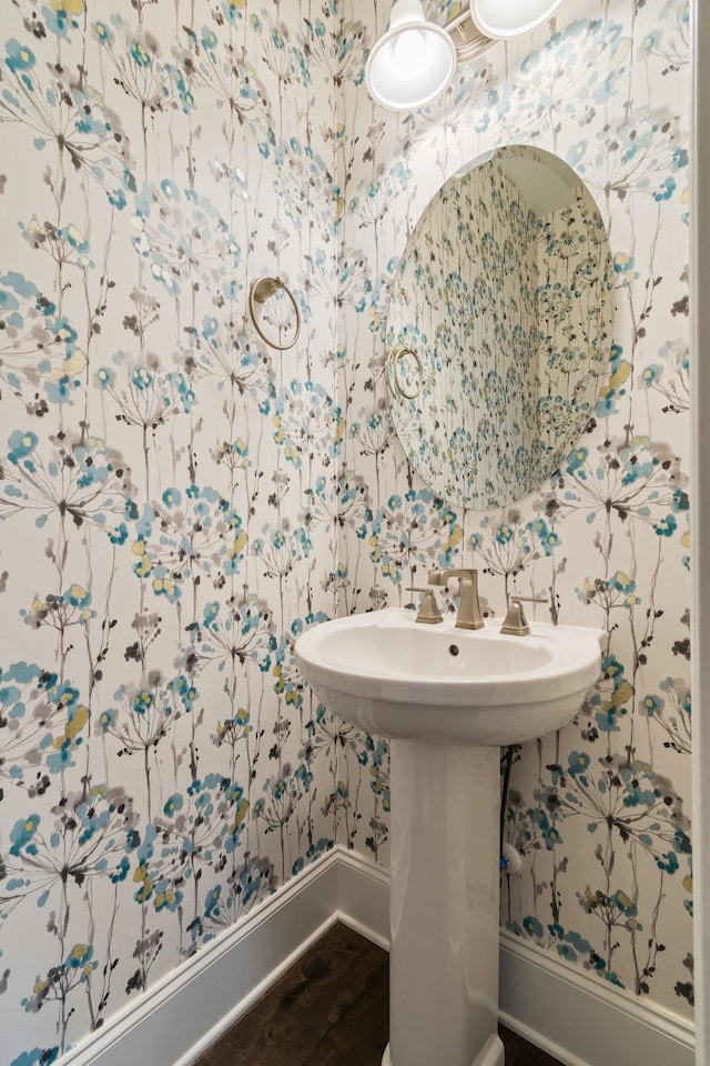 118 Newnham Bridge Dr, Nolensville, TN 37135 - bathroom with baseboards, wood finished floors, and wallpapered walls
