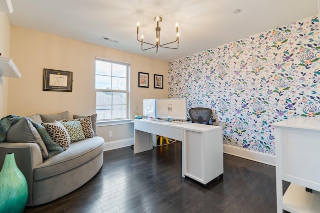 118 Newnham Bridge Dr, Nolensville, TN 37135 - office area with baseboards, dark wood-type flooring, a chandelier, and wallpapered walls
