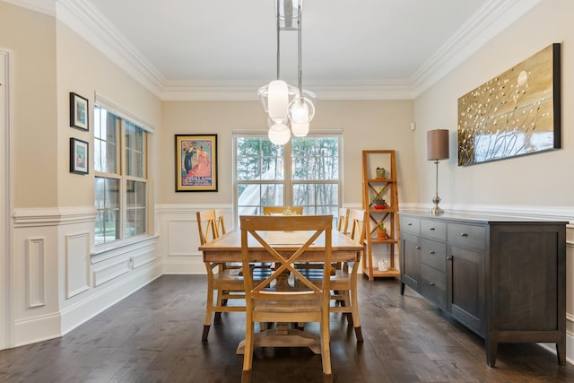 118 Newnham Bridge Dr, Nolensville, TN 37135 - dining space featuring dark wood-style flooring, ornamental molding, a wainscoted wall, and a chandelier