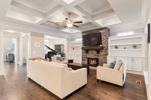 118 Newnham Bridge Dr, Nolensville, TN 37135 - living room with a stone fireplace, dark wood-style floors, ceiling fan, and crown molding