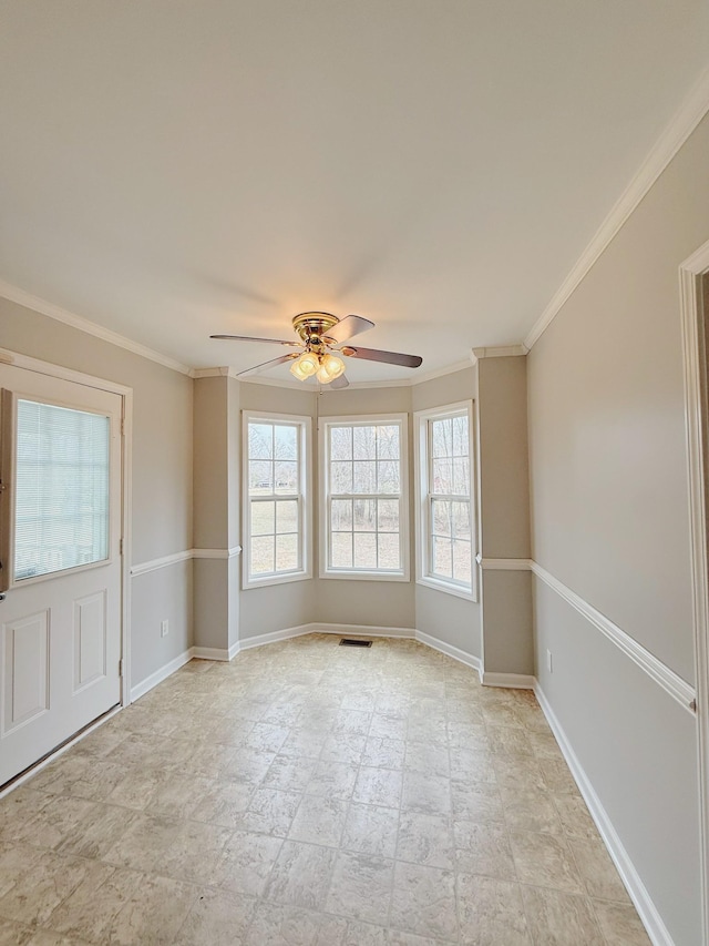 996 Iron Hill Rd, Burns, TN 37029 - unfurnished room featuring baseboards, visible vents, ornamental molding, and a ceiling fan