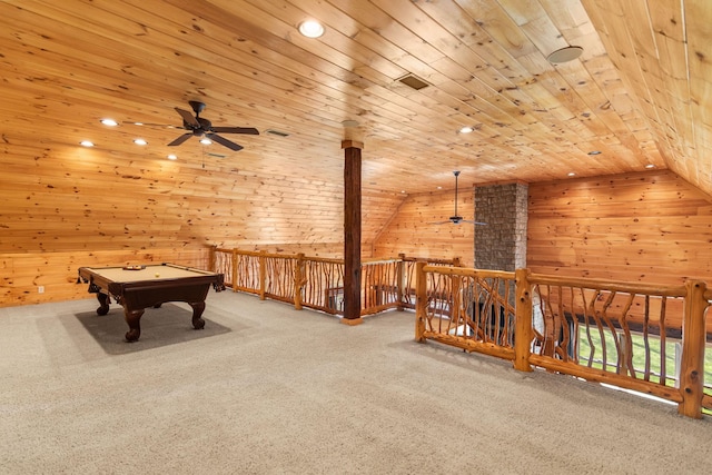 12112 Paw Paw Springs Rd, Arrington, TN 37014 - rec room with lofted ceiling, wooden walls, carpet, and a ceiling fan