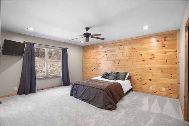 12112 Paw Paw Springs Rd, Arrington, TN 37014 - bedroom featuring carpet flooring, a ceiling fan, wooden walls, baseboards, and recessed lighting