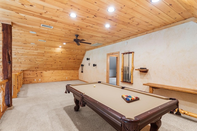 12112 Paw Paw Springs Rd, Arrington, TN 37014 - playroom with billiards, wooden ceiling, carpet, and a ceiling fan