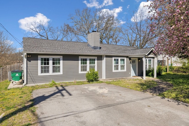 view of front of property featuring fence, a chimney, and roof with shingles