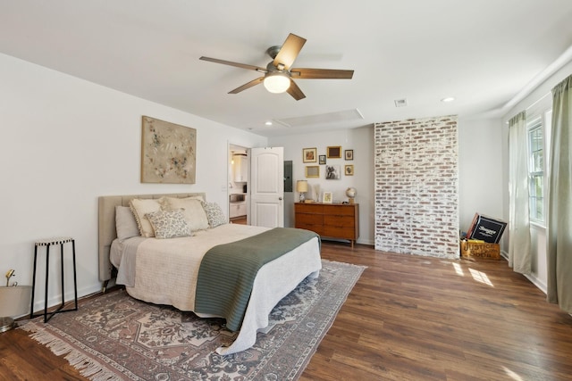 bedroom with wood finished floors, recessed lighting, and a ceiling fan