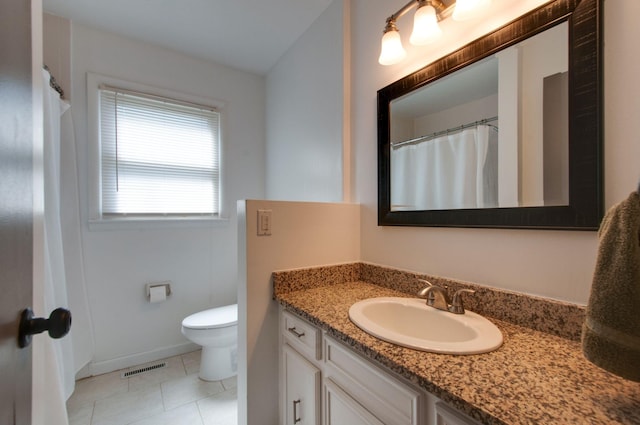 full bath featuring tile patterned flooring, vanity, toilet, and visible vents