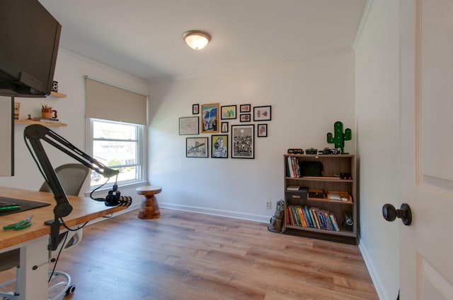 office space featuring baseboards, light wood-style flooring, and crown molding