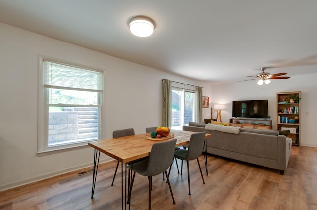 dining area with baseboards, ceiling fan, visible vents, and light wood-style floors