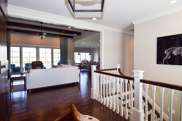 1395 Rozella Way, Gallatin, TN 37066 - hall featuring dark wood-style flooring, an upstairs landing, baseboards, ornamental molding, and recessed lighting