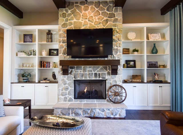 1395 Rozella Way, Gallatin, TN 37066 - living area with dark wood-type flooring, a fireplace, and beam ceiling