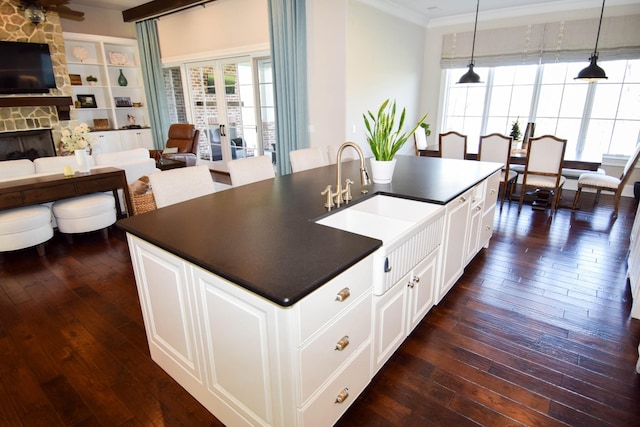 1395 Rozella Way, Gallatin, TN 37066 - kitchen with dark wood-style flooring, a sink, dark countertops, and a stone fireplace