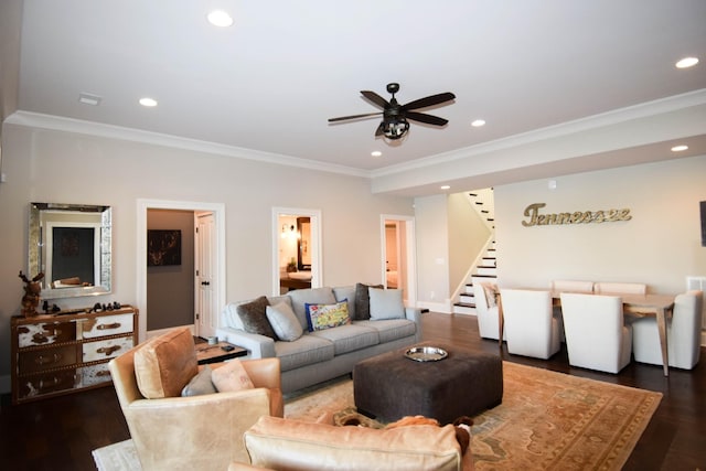 1395 Rozella Way, Gallatin, TN 37066 - living area with crown molding, stairs, recessed lighting, a ceiling fan, and wood finished floors