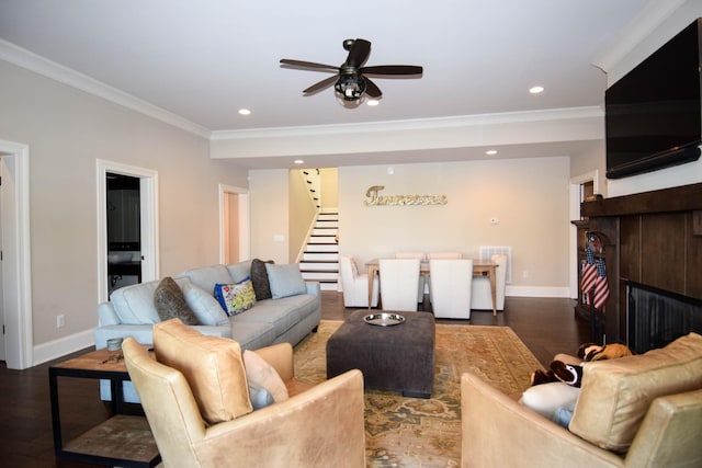 1395 Rozella Way, Gallatin, TN 37066 - living room featuring baseboards, crown molding, ceiling fan, and stairway