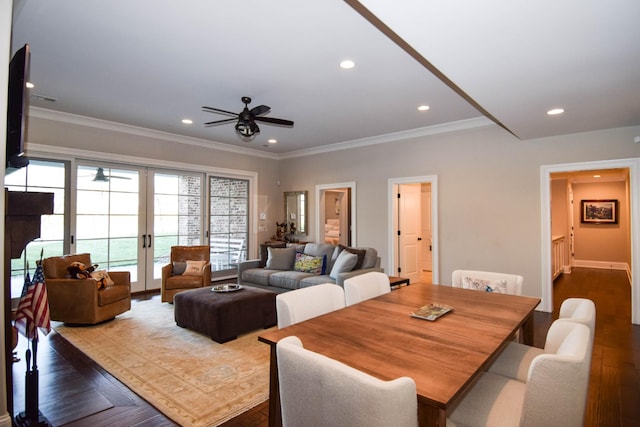 1395 Rozella Way, Gallatin, TN 37066 - living room with french doors, dark wood finished floors, recessed lighting, ceiling fan, and ornamental molding
