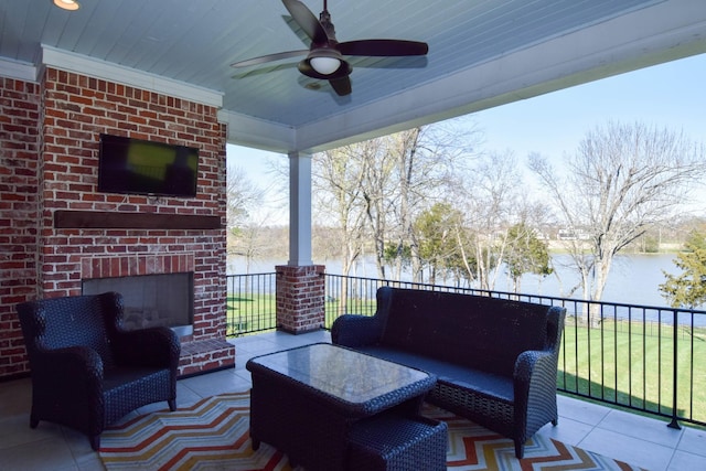 1395 Rozella Way, Gallatin, TN 37066 - view of patio / terrace featuring an outdoor living space with a fireplace, a water view, fence, and ceiling fan