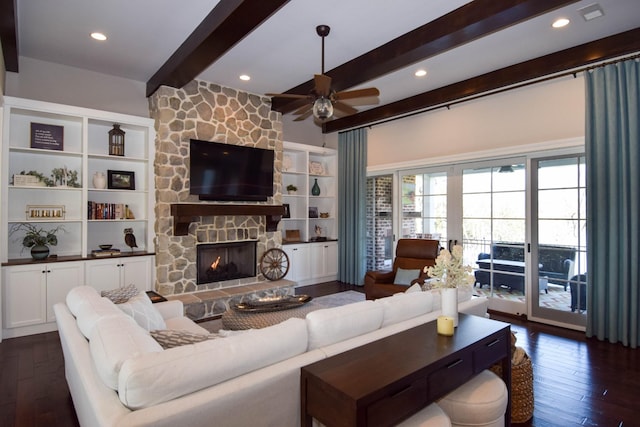 1395 Rozella Way, Gallatin, TN 37066 - living room with recessed lighting, dark wood-type flooring, beamed ceiling, ceiling fan, and a stone fireplace