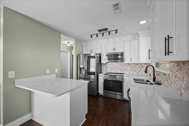 1829 Apple Valley Cir, Nashville, TN 37207 - kitchen featuring a sink, tasteful backsplash, a peninsula, stainless steel appliances, and visible vents